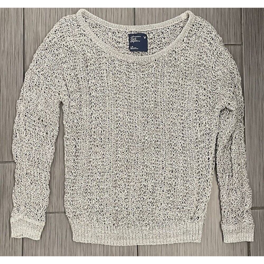 American Eagle Womens Heathered Gray Long Sleeve Open Knit Sweater Size Large